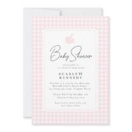 Small Cute Pink Gingham Swan Simple Baby Shower Invitation Front View