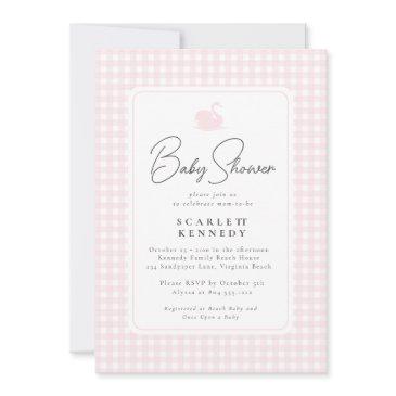 cute pink gingham swan simple baby shower invitation