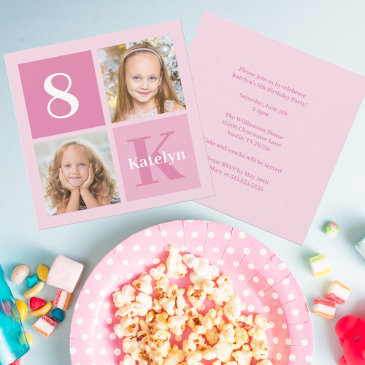 cute pink girl photo collage custom birthday party invitation