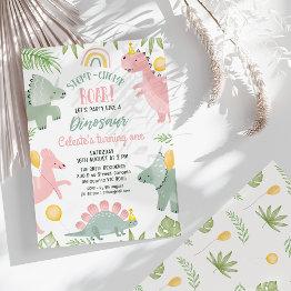 Small Cute Pink Green Girls Dinosaur 1st Birthday Invitation Front View
