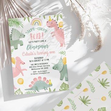 cute pink green girls dinosaur 1st birthday invitation