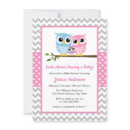 Small Cute Pink Owl Family Gray Chevron Girl Baby Shower Invitation Front View