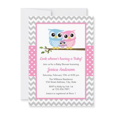cute pink owl family gray chevron girl baby shower invitation