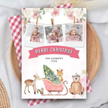 cute pink sleigh woodland animals photo christmas holiday invitations