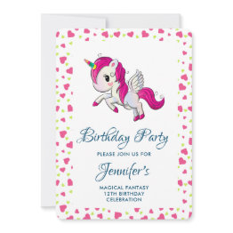 Small Cute Pink Unicorn With Wings Birthday Invitation Front View