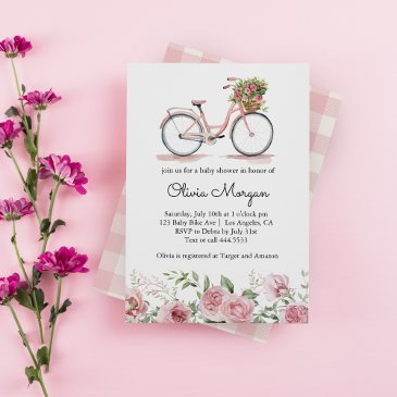 cute pink vintage bicycle girl baby shower invitation
