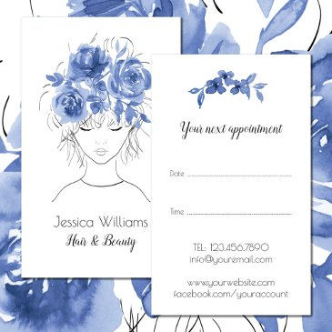 cute pretty girl with blue watercolor roses-floral appointment invitations