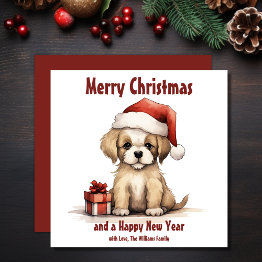 Small Cute Puppy Wearing A Santa Hat Dog Christmas Holiday Invitations Front View