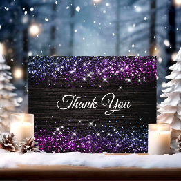 Small Cute Purple Black Faux Glitter Thank You Invitations Front View