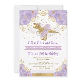 Small Cute Purple Gold Princess Dinosaur Girl Birthday Invitation Front View