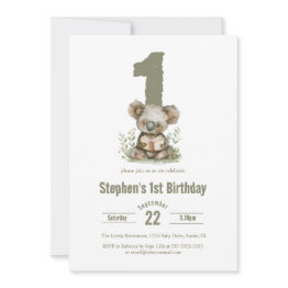 Small Cute Sage Green Koala Bear 1st Birthday Party Invitation Front View