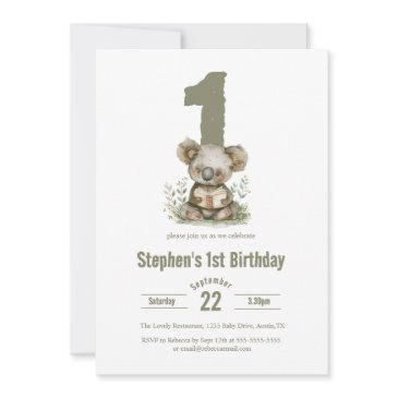 cute sage green koala bear 1st birthday party invitation