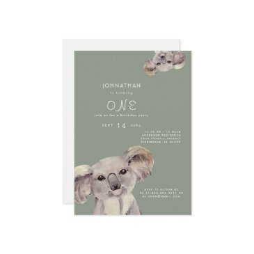 cute sage koala bear birthday party invitation