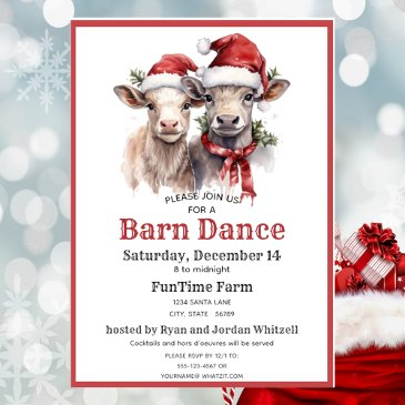 cute santa cows barn dance xmas party invitation