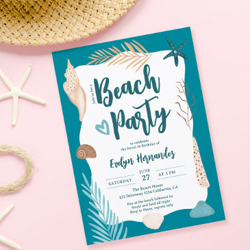 cute seashells palm leaf beach party sweet 16 invitation
