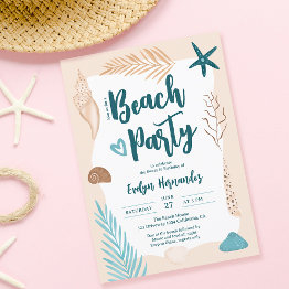 Small Cute Seashells Palm Leaf Beach Party Sweet 16 Invitation Front View