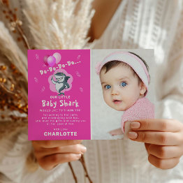 Small Cute Shark Balloons Photo Birthday Pink Thank You Invitation Front View