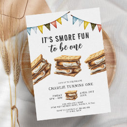 Small Cute Smores Camping Rustic 1st Birthday Invitation Front View