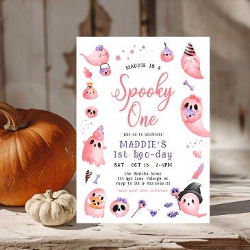 cute spooky one pink halloween ghost 1st birthday invitation