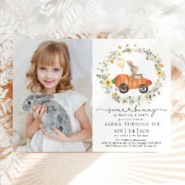 Small Cute Spring Bunny Rabbit Wildflower Birthday Photo Invitation Front View