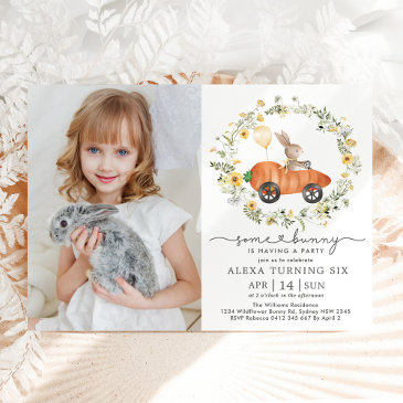 cute spring bunny rabbit wildflower birthday photo invitation