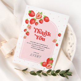 Small Cute Strawberry Berry First 1st Birthday Thank You Invitations Front View