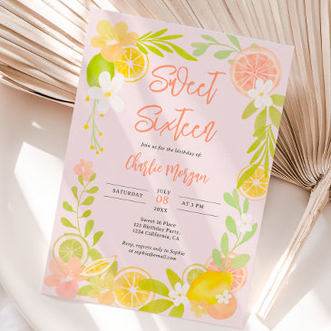 cute summer citrus floral watercolor sweet 16 invitation