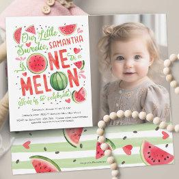 Small Cute Summer Watermelon Fruit Girl 1st Birthday Pho Invitation Front View