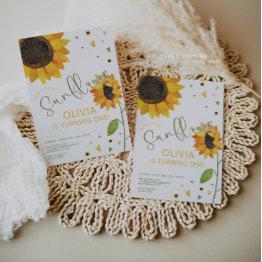 Small Cute Sunflower First Birthday Party Invitation Front View