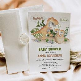 Small Cute T-rex Dinosaur Twins Baby Shower Invitation Front View