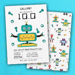 Small Cute Teal Robot Theme Kids Robots Birthday Party Invitation Front View