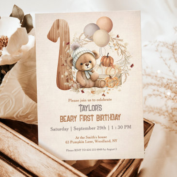 cute teddy bear fall pumpkins beary 1st birthday invitation