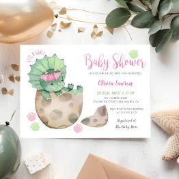 Small Cute Triceratops Dinosaur Tracks Girl Baby Shower Invitation Front View