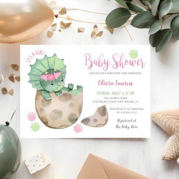 cute triceratops dinosaur tracks girl baby shower invitation