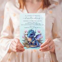Small Cute Watercolor Blue Dragon Baby Shower Invitation Front View