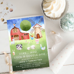 Small Cute Watercolor Farm Animals Kids Birthday Invitation Front View