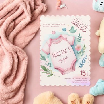 cute watercolor floral pink baby girl muslim aqiqa invitation