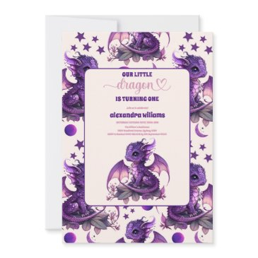 cute watercolor purple dragon 1st birthday invitation