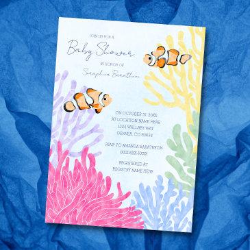 cute watercolor tropical clown fish baby shower invitation