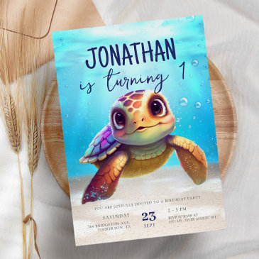 cute watercolor turtle under the sea birthday invitation