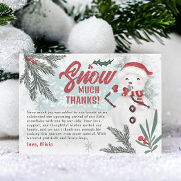 Small Cute Winter Green Pine Ice Snowman Baby Shower Thank You Invitations Front View