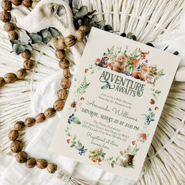 Small Cute Woodland Animal Adventure Neutral Baby Shower Invitation Front View