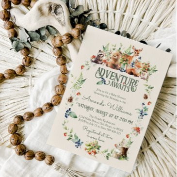 cute woodland animal adventure neutral baby shower invitation
