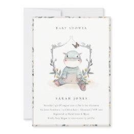 Small Cute Yellow Baby Hippo Foliage Baby Shower Invite Front View