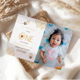 Small Cute Yellow Bee Honey First Bee-day Photo Invitation Front View