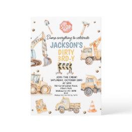 Small Cute Yellow Boys Construction Dirty 3rdy Birthday Invitation Front View