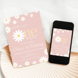Small Daisy First Birthday Invitation Boho Retro Daisy Front View