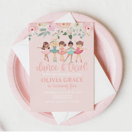 Small Dance And Twirl Floral Ballet Birthday Invitation Front View