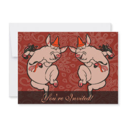Small Dancing Pig Antique Cute Dancer Invitation Front View
