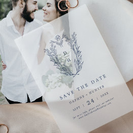 Small Daphne Navy Blue Minimalist Wedding Save The Date Vellum Invitations Front View
